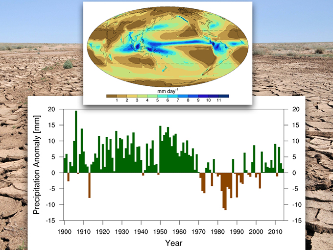 Temporal variations of the annual-mean precipitation over the Sahel region of Africa Top map: Spatial distribution of the annual=mean precipitation averaged from 1979-2008. Credit: Global Precipitation Climatology Project (GPCP) data set. Bottom: Time series of the annual mean precipitation anomaly relative to the 1971-2000 climatology over the Sahel region of Africa. Credit: Global Historical Climatology Network (GHCN) data set. Background image: Drought – George Safonov